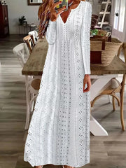Plain Notched Long Sleeve Comfy Casual Maxi Dress