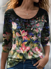 Floral Crew Neck Long Sleeve Loose T-shirt