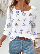 Cotton Floral Notched 3/4 Sleeves Cute Loose Blouse