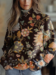 Lovely Floral Art Print Knit Turtleneck Pullover Sweater