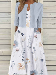 Floral Print V-neck Half Sleeve Two Piece Midi Dress