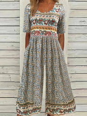 Women's Short Sleeve Crew Neck Loose Long Daily Vacation Small Floral Natural Jumpsuit