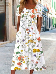 Women's Floral Crew Neck Short Sleeve Comfy Vacation Midi Dress