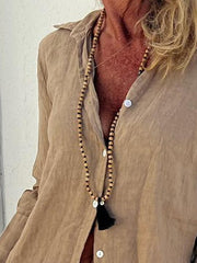 Women's Casual Plain Shirt Collar Button Down Linen Breathable Long Sleeve Blouse