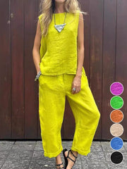 Loose Cotton And Linen Pocket Solid Color Casual Two-Piece Set