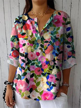 Floral Print Crew Neck 3/4 Sleeves Casual T-shirt