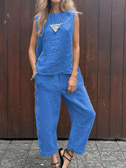 Plain Round Neck Sleeveless Casual Top With Pants Two-Piece Suits