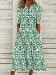 Paisley Stitching Notched Half Sleeve Pocket Midi Dress