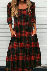 Casual Plaid Crew Neck Long Sleeve Loose Fit Midi Dress