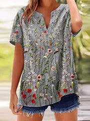Vintage Floral Embroidered V-neck Short Sleeve Tops