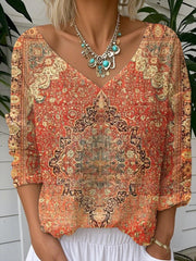 Ethnic Geometric Print V-neck Long Sleeve Loose T-Shirt