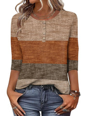 Elegant Striped Crew Neck Fit 3/4 Sleeve Summer Casual Blouse