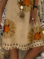 Khaki Cotton Printed V Neck Casual Mini Dress