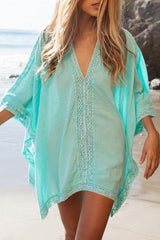 Solid Color Hollow out V-neck Half Sleeves Tunic Cover Up