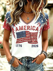 Women's Anniversary Independence Day Wings Flag Art Print V Neck T-shirt