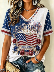 Women's Independence Day Flag Print V-neck Short Sleeve Casual T-shirt