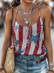 Rhinestone American Flag Star Stripe Halter Cami Top