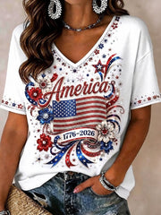 Women's Independence Day Flag Art V-neck Short Sleeve T-shirt