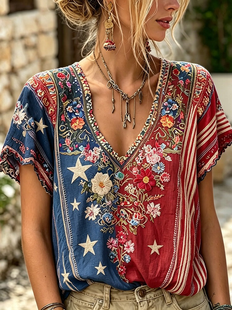 Women's Retro Independence Day With Floral V-neck Short Sleeve T-shirt