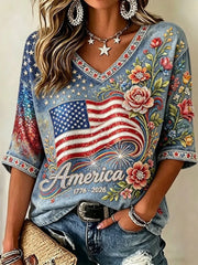 Women's Vintage American Anniversary Flag And Floral Casual V-neck Cotton Linen Short Sleeve Top