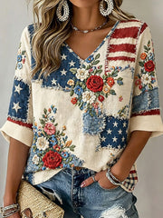 Vintage Independence Day Flag Flower Art Print V-neck T-shirt