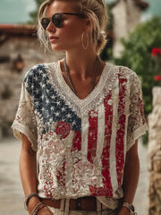 Retro American Flag Element Plant Flower Embroidery Lace Patchwork Design Short-sleeve Top