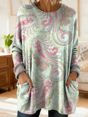 Ethnic Floral Prin Round Neck Long Sleeve Pockets Loose Casual Sweater
