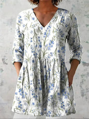 Women's Floral Print Casual V-Neck 3/4 Sleeve Shirt