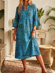Teal Floral Print 3/4 Sleeve Midi Dress