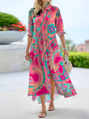 Vibrant Floral Print Long Sleeve Midi Dress