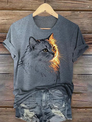 Gray Cat Print Round Neck Short Sleeve T-Shirt