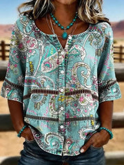 Casual Multicolor Round Neck 3/4 Sleeve Blouse