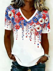 Vintage Floral Print V-neck Short Sleeve T-Shirt