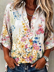 Vibrant Floral Print 3/4 Sleeve Top
