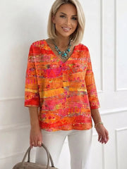Vibrant Abstract Print V-Neck 3/4 Sleeve Top