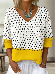 Polka Dot Color Block V-neck 3/4 Sleeve Top