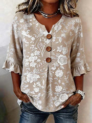 Beige Floral Print 3/4 Sleeve Top