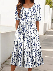 Casual Leaf Print Round Neck Short Sleeve Dress