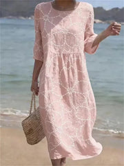 Casual Floral Print Round Neck 3/4 Sleeve Dress