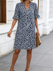 Navy Leaf Print Ruffle-Sleeve V-Neck Shift Dress