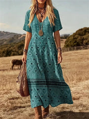 Casual Vintage V-neck Short Sleeve Dress