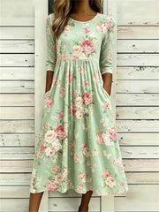 Vintage Floral Print Round Neck 3/4 Sleeve Dress