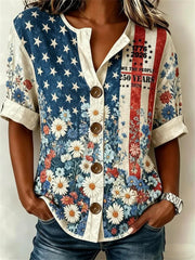 Patriotic Floral Print Roll-Tab Short Sleeve Casual Top