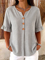Grey Striped Ruffle Sleeve Button Detail Blouse
