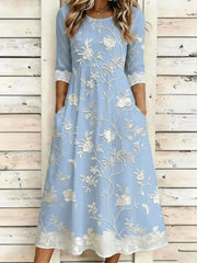 Light Blue Print Lace Trim Round Neck 3/4 Sleeve Pocket Midi Dress