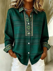 Peacock Feather Print Long Sleeve Blouse