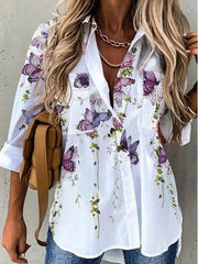 Butterfly Print Collared Buttons Long Sleeves Blouse