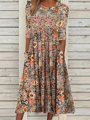 Floral Print with Pockets Half Sleeves Midi Dress