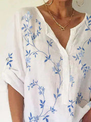 Leaf Print V-neck Buttons Long Sleeves Shirt