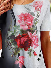 Floral Print Round Neck Irregular Hem Knitted Tshirt